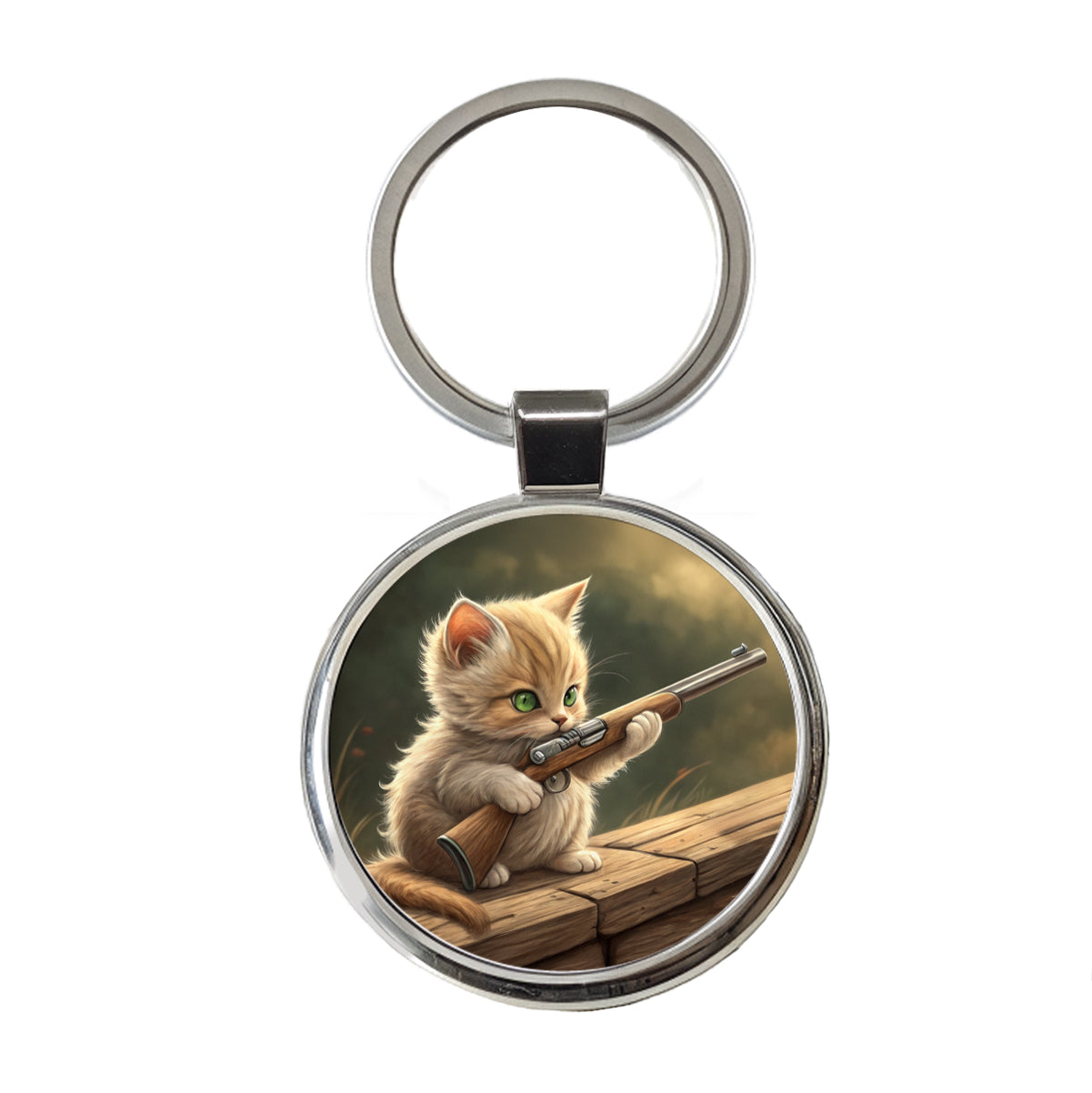 Small Cute Fuzzy Cat Kitten with a Shotgun Funny Round Metal Keychain