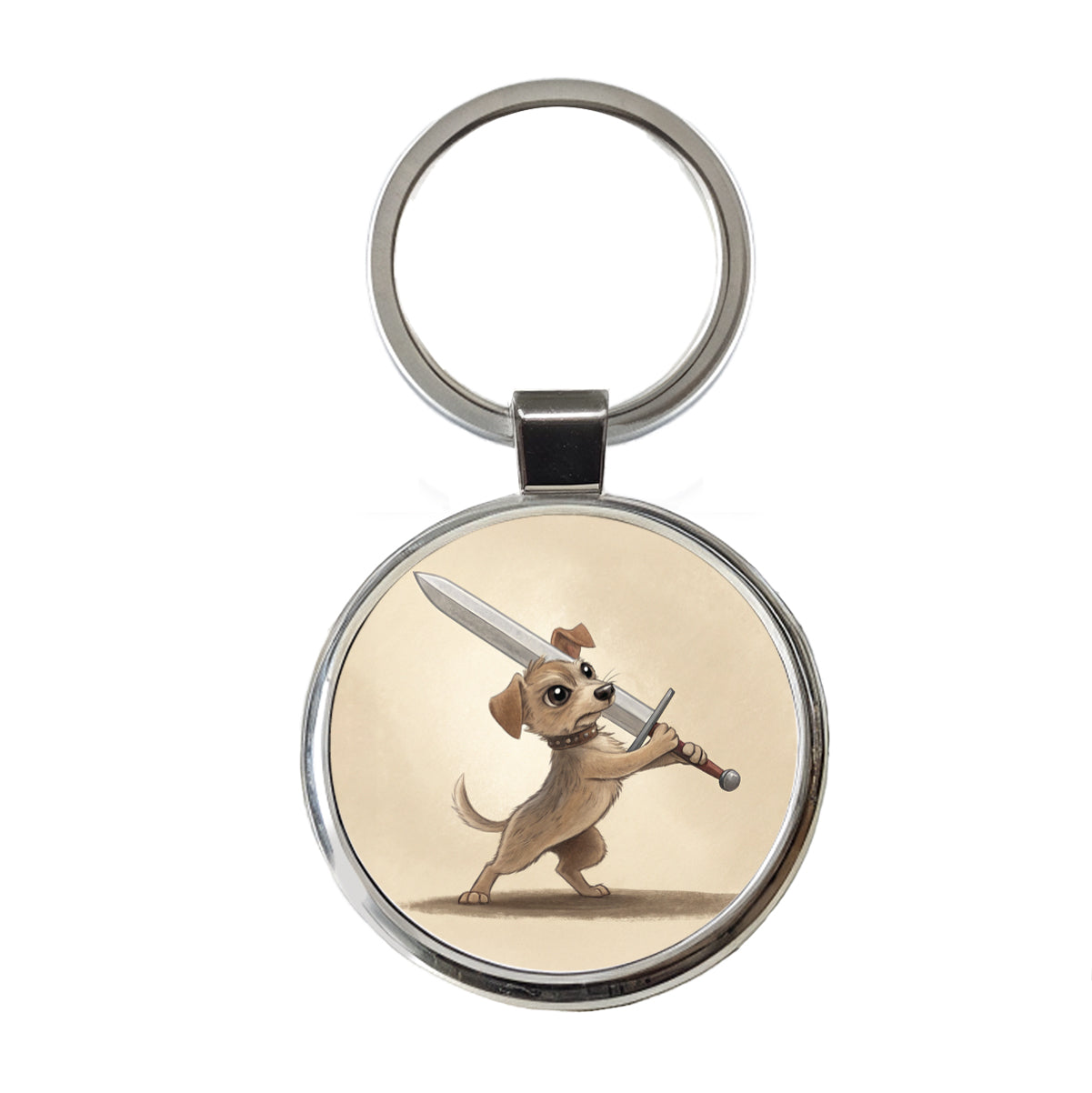 Small Dog Wielding a Large Sword Funny Fantasy Round Metal Keychain