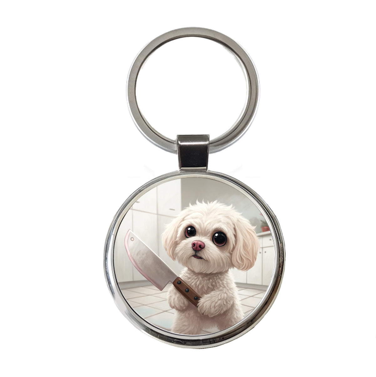 Small Fluffy Dog with a Butcher Knife Funny Scary Halloween Round Metal Keychain