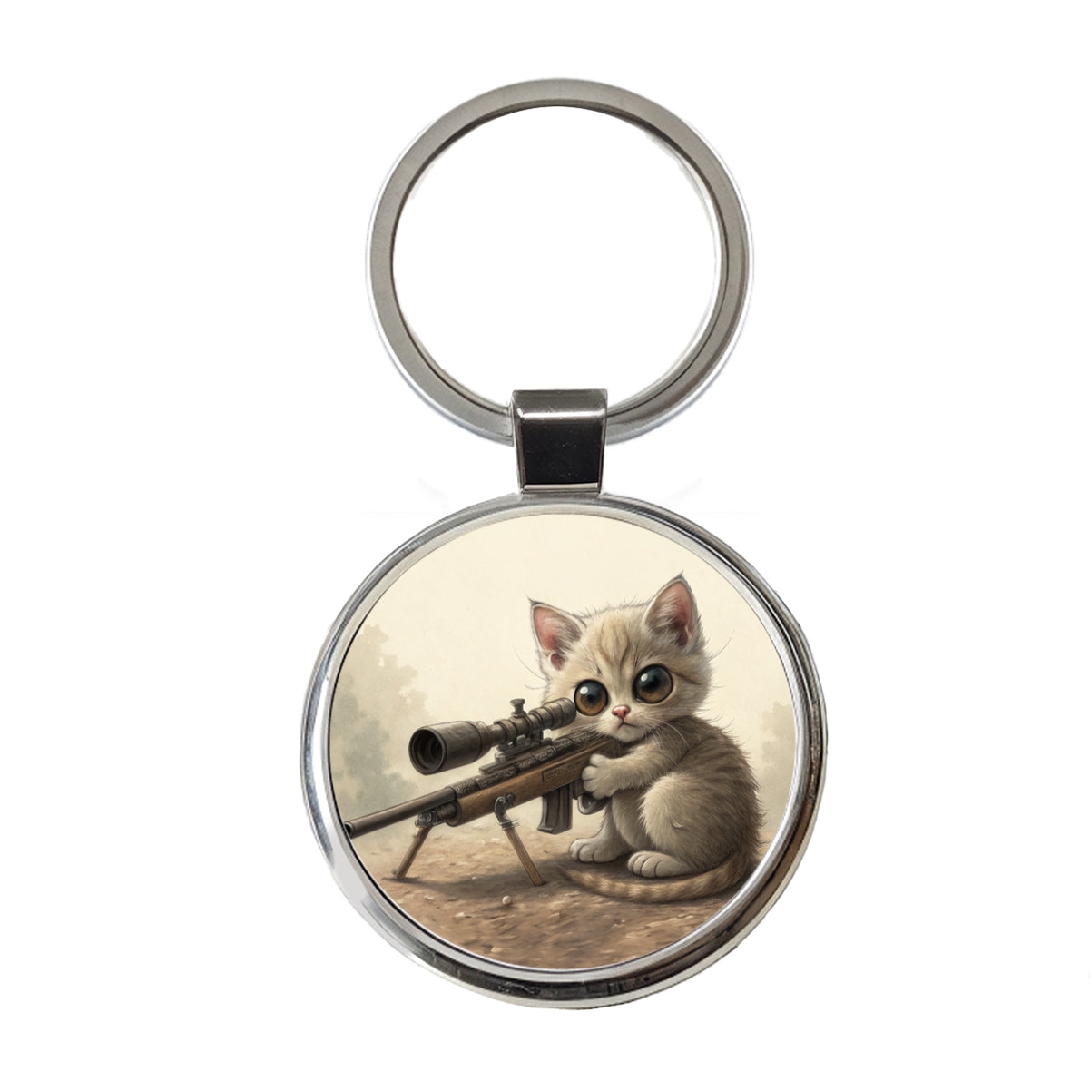 Small Fuzzy Cat Kitten With A Sniper Rifle Funny Round Metal Keychain