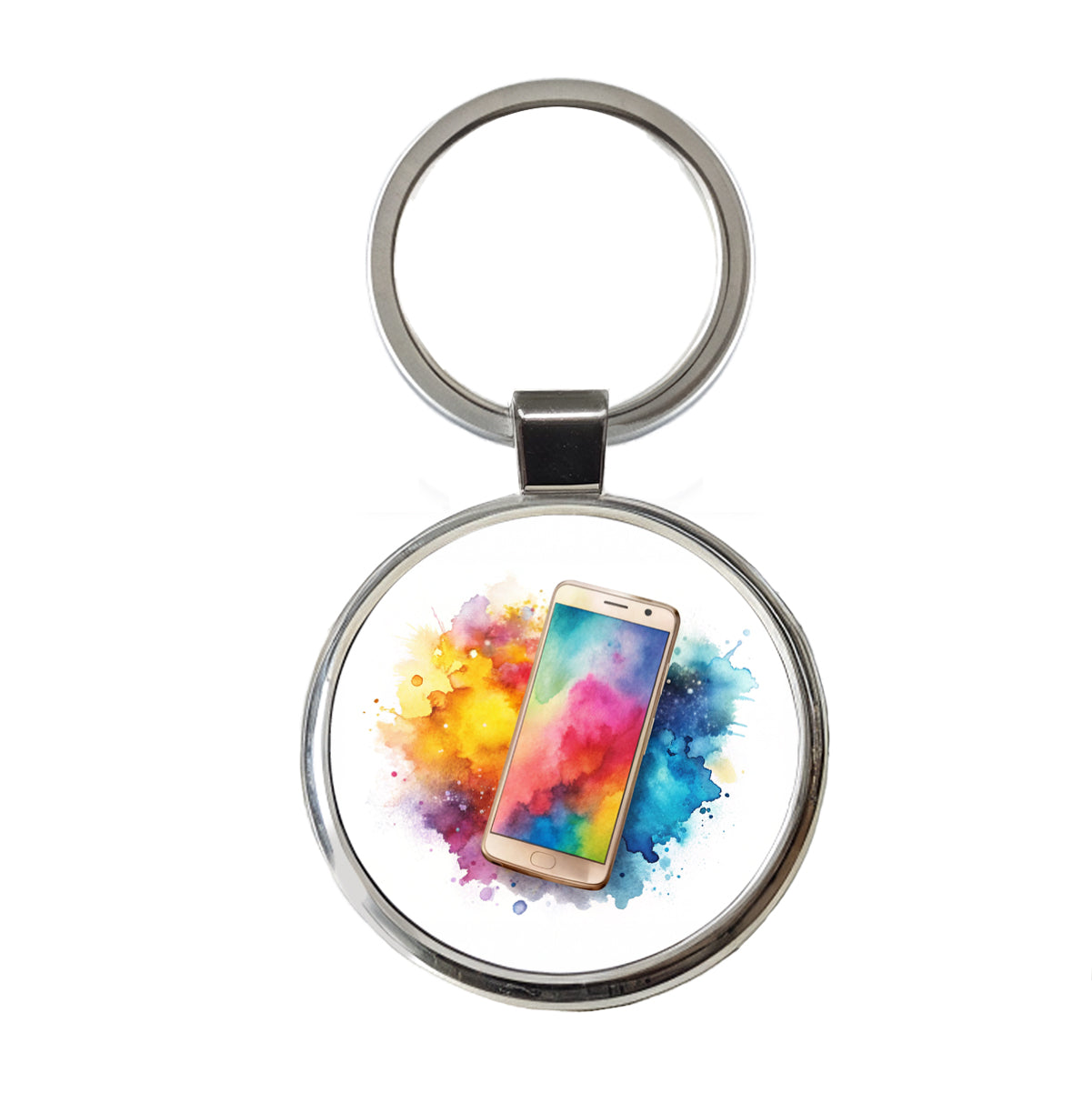 Smart Phone Watercolor Round Metal Keychain