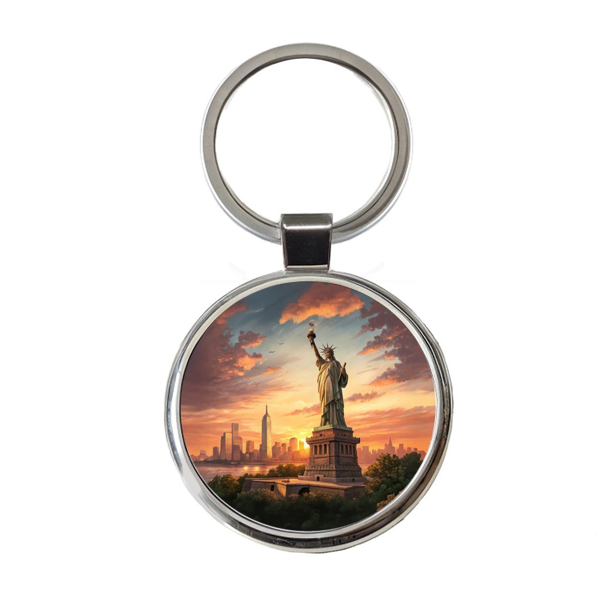 Statue Of Liberty During Sunset New York City Round Metal Keychain