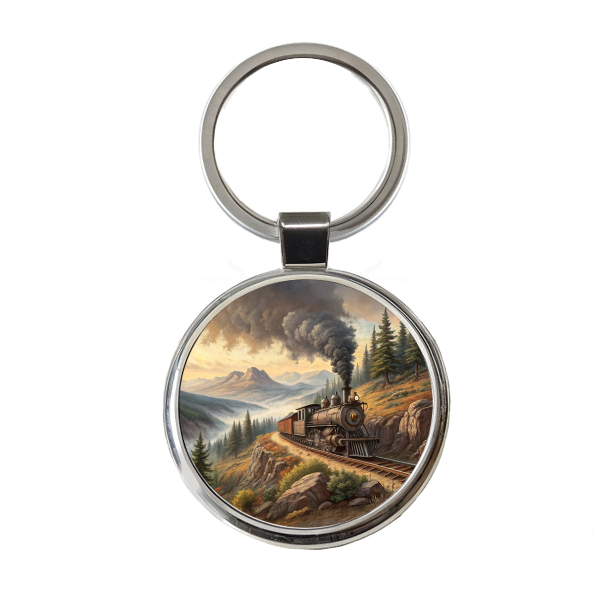 Steam Locomotive Coming Around The Mountain Old West Western Round Metal Keychain