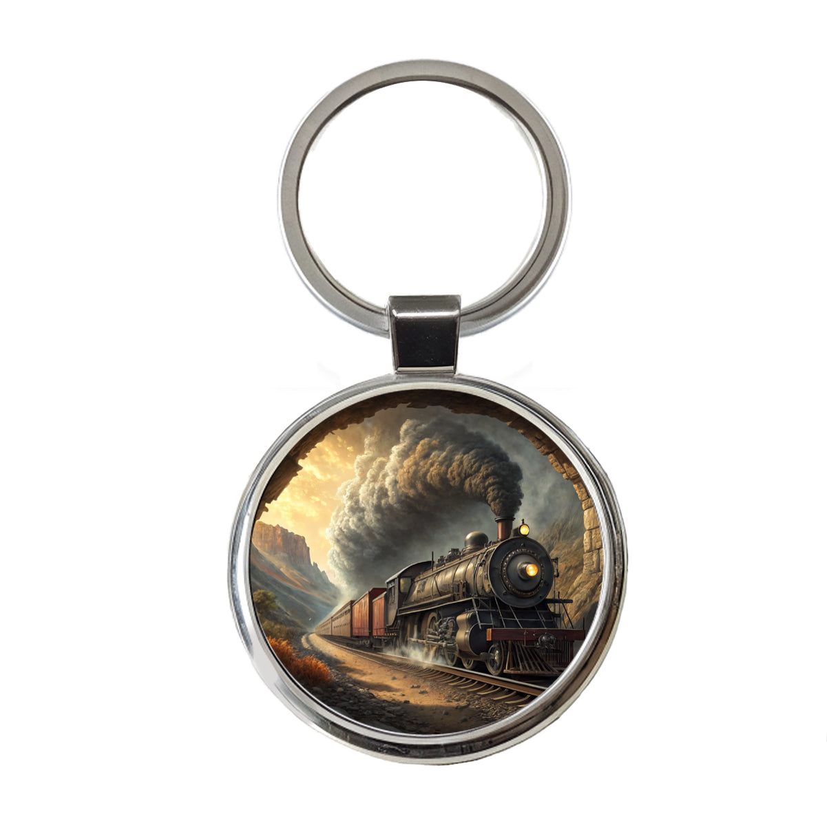 Steam Locomotive Coming Through Tunnel Old West Round Metal Keychain