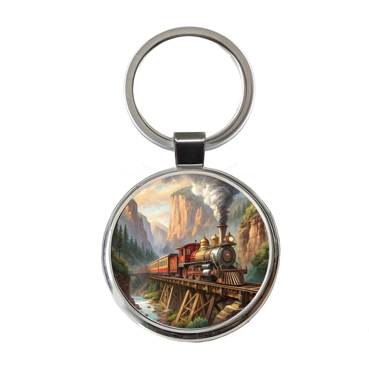 Steam Locomotive Crossing Gorge Old West Western Round Metal Keychain