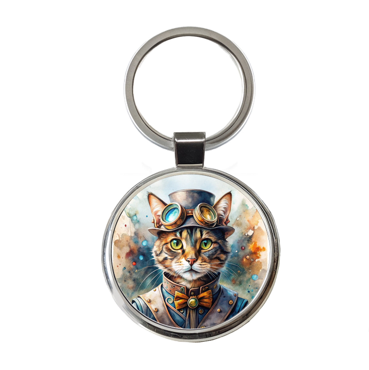 Steampunk Cat Hat and Goggles Watercolor Round Metal Keychain