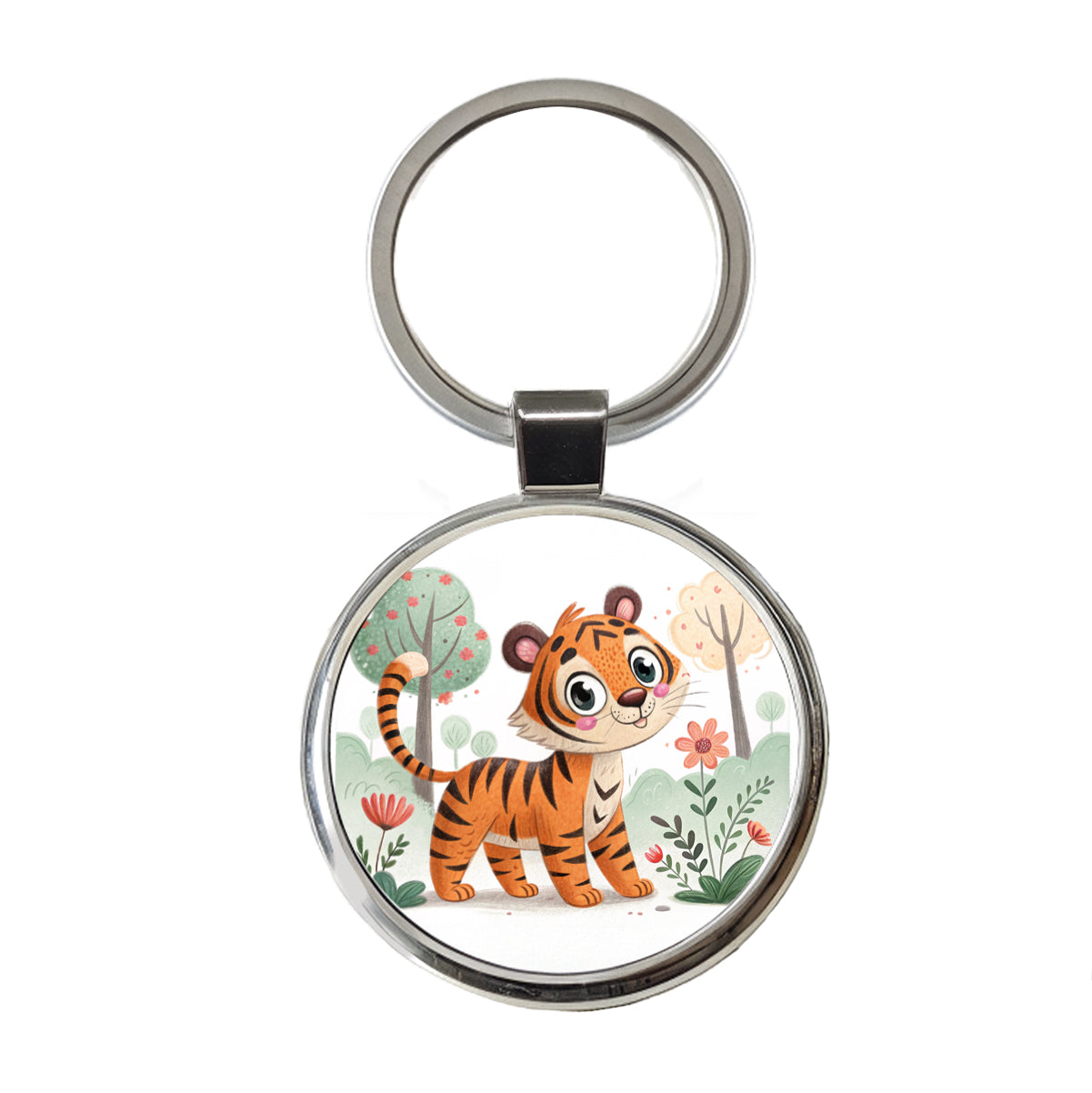 Tiger Children's Illustration Style Round Metal Keychain