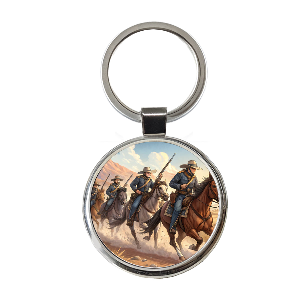 US Cavalry Charge Cowboy Western Old West Round Metal Keychain
