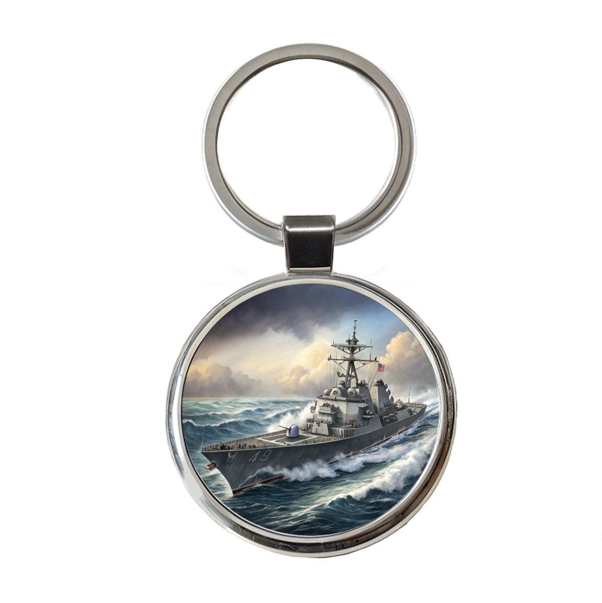 US Navy Destroyer Underway Round Metal Keychain