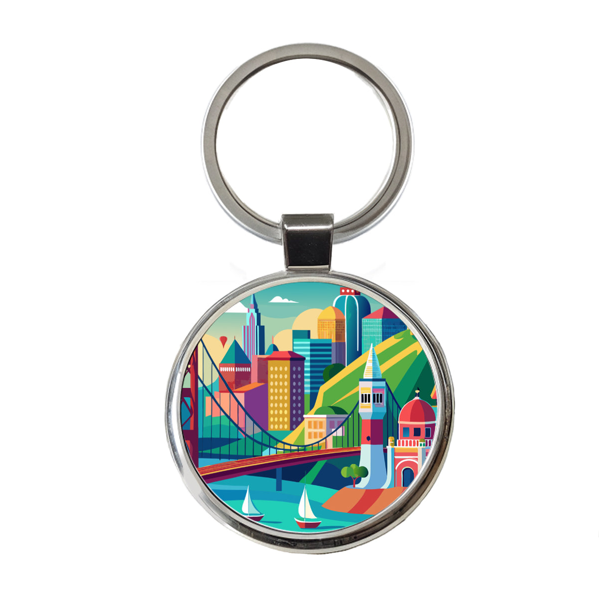 Vibrant Colored San Francisco City California Skyline Landscape Round Metal Keychain