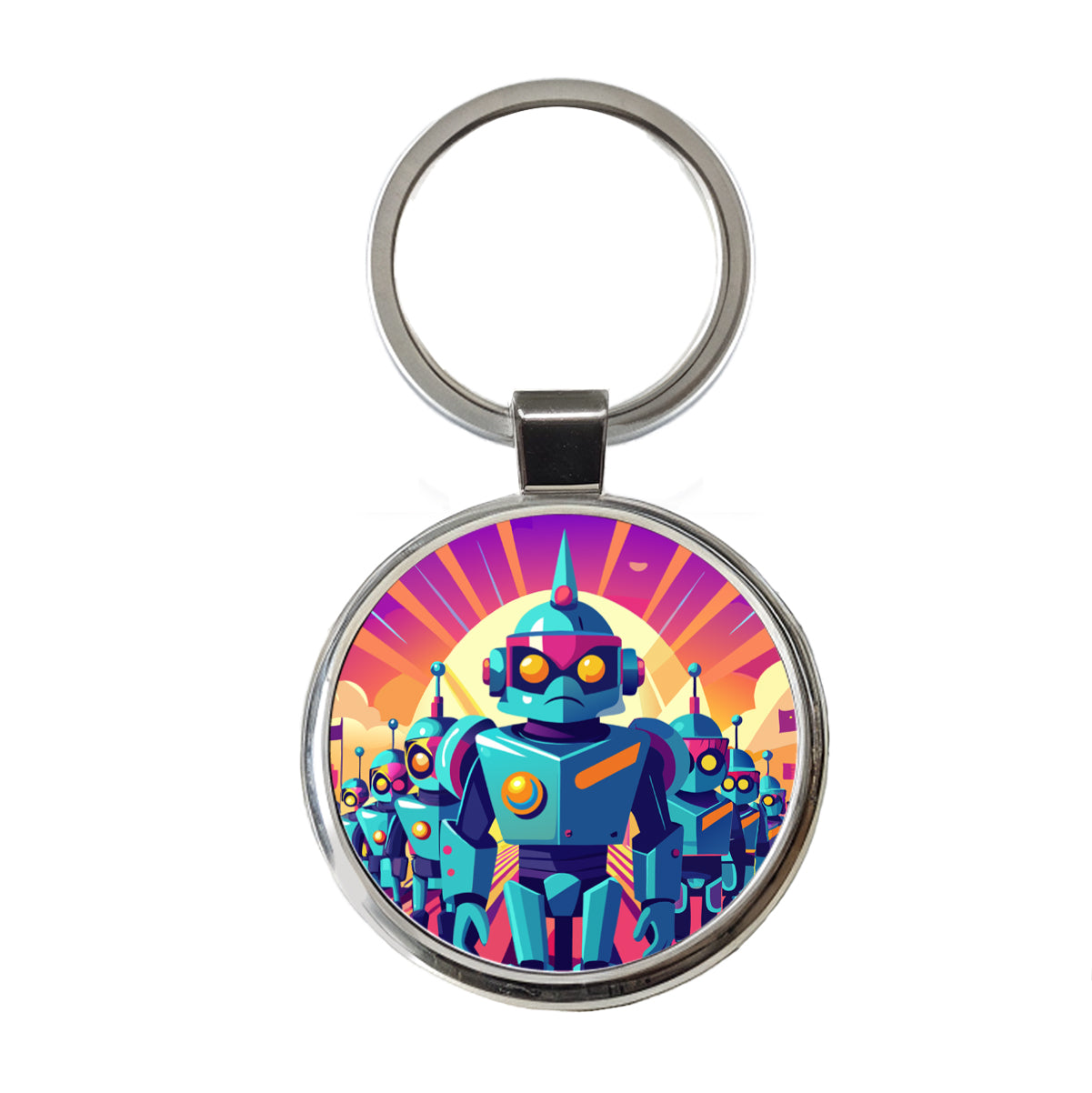 Vibrant Colored Sci-fi Robot Army Marching Round Metal Keychain