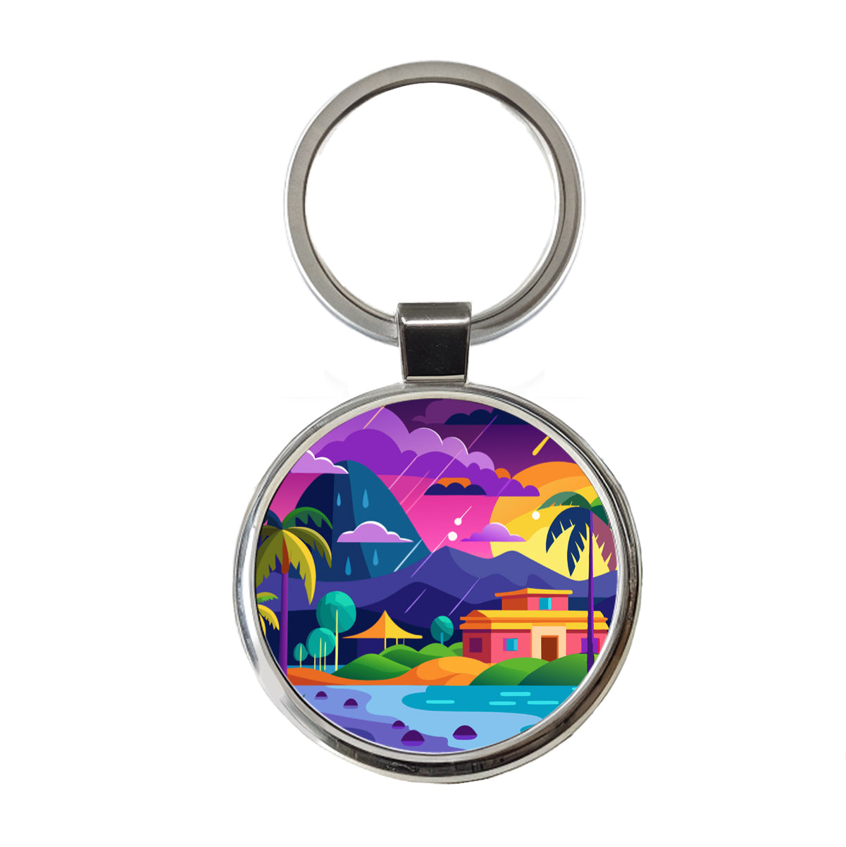 Vibrant Colored Tropical Monsoon Raining Landscape Round Metal Keychain