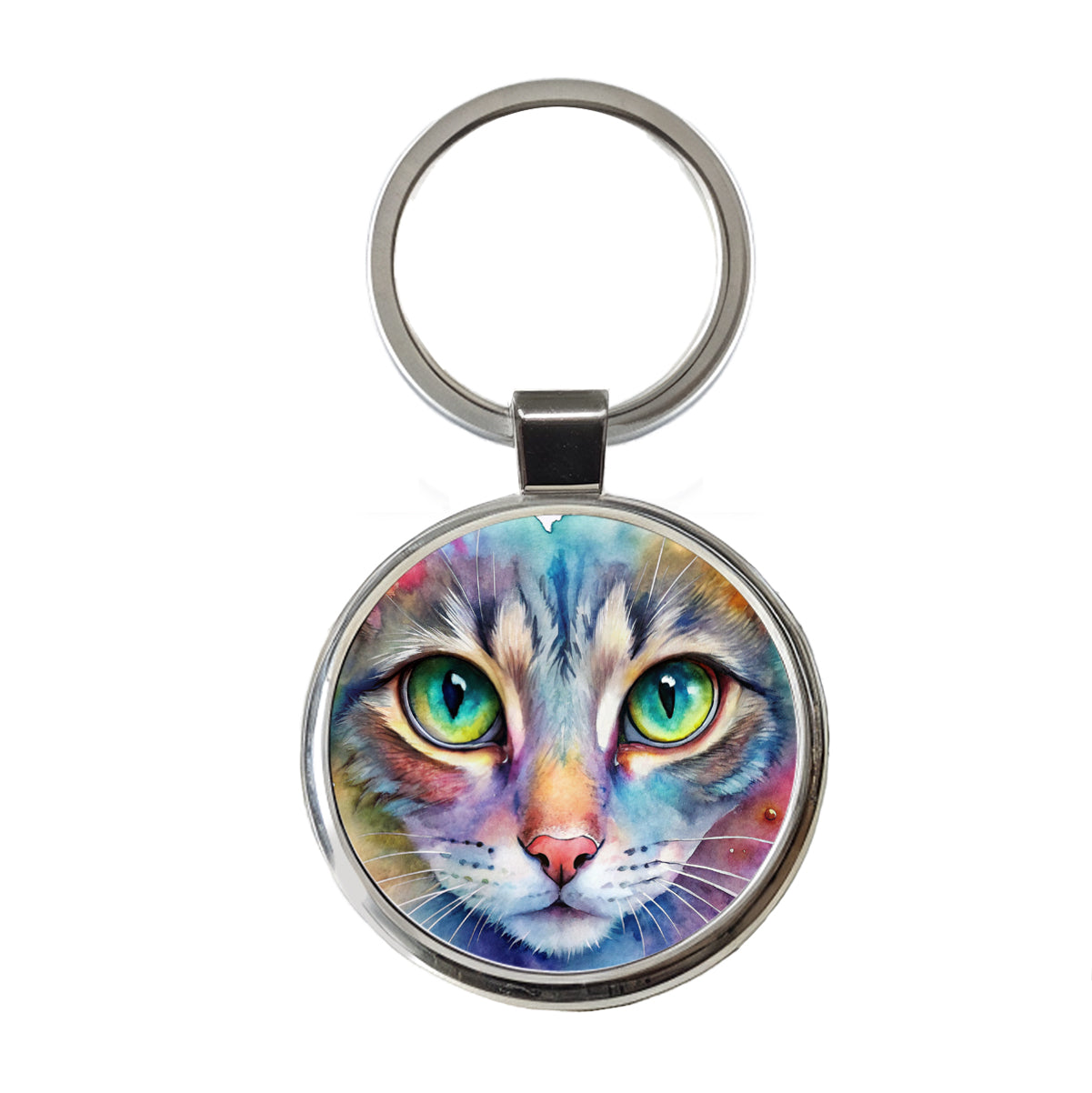 Watercolor Tabby Cat Round Metal Keychain