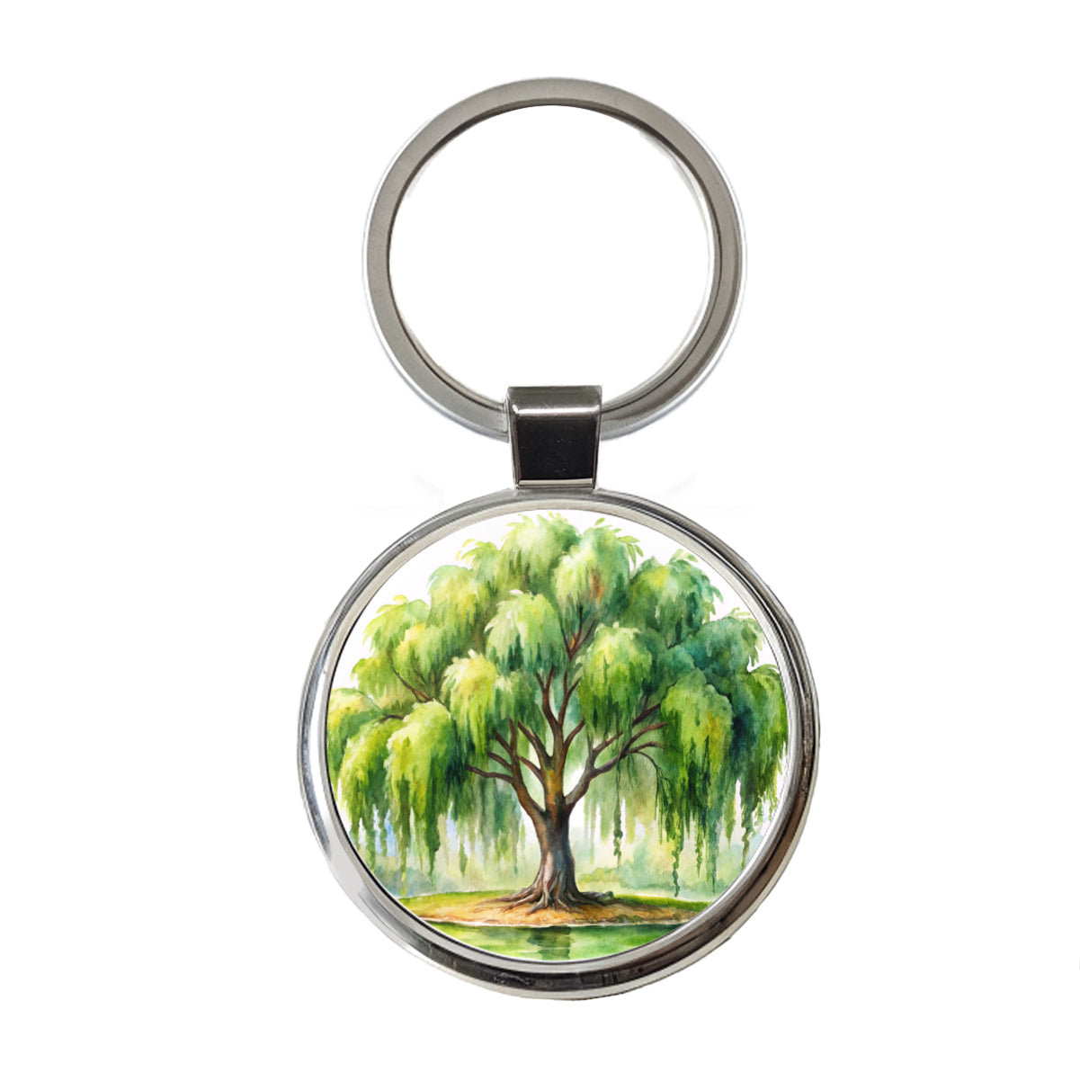 Weeping Willow Tree Watercolor Round Metal Keychain