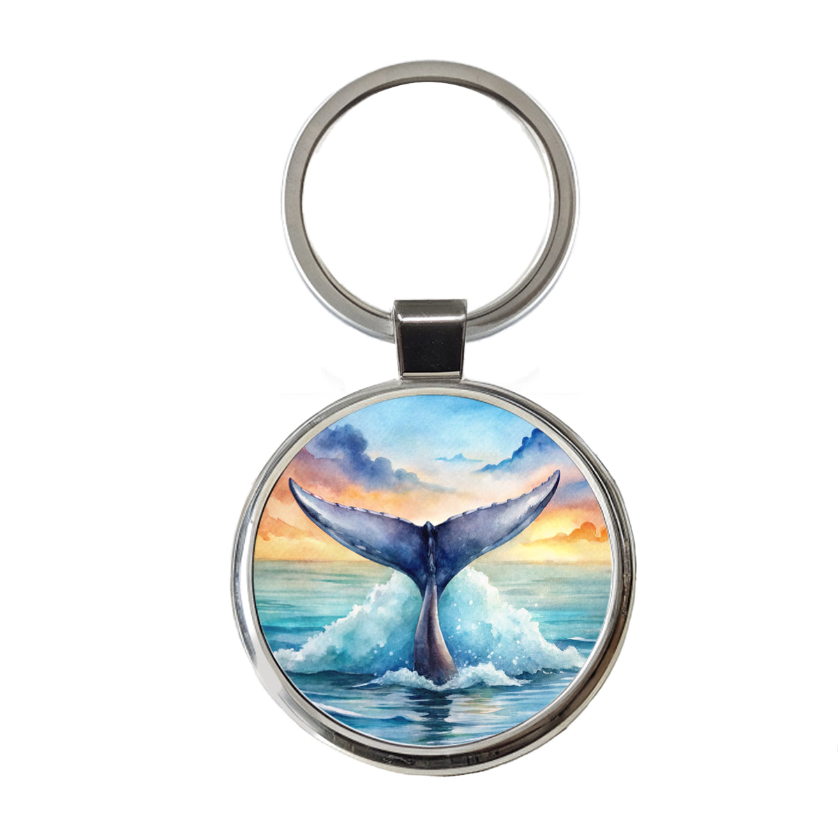 Whale Tail Ocean Watercolor Round Metal Keychain