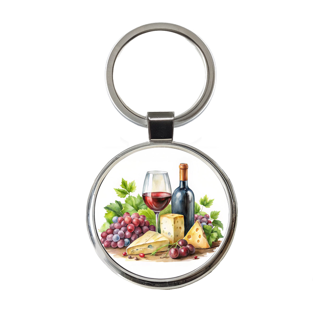 Wine Cheese Grapes Watercolor Round Metal Keychain