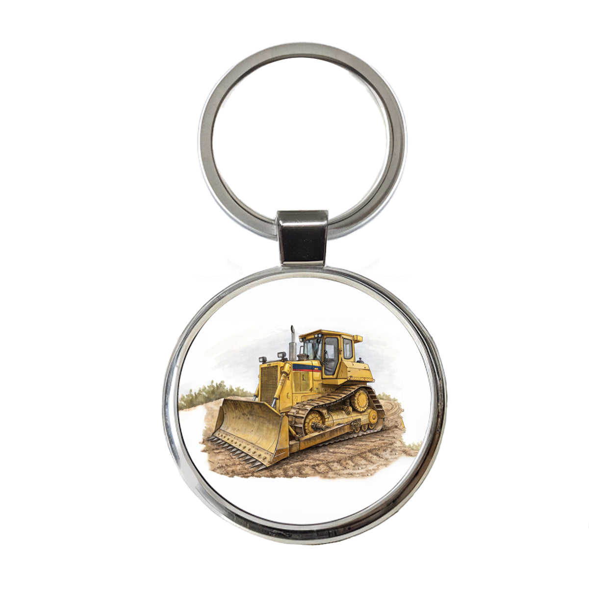 Yellow Bulldozer Construction Equipment Round Metal Keychain