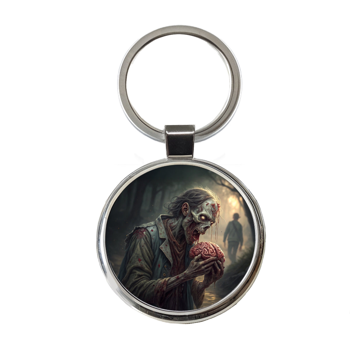 Zombie Eating Yummy Brains Funny Halloween Round Metal Keychain