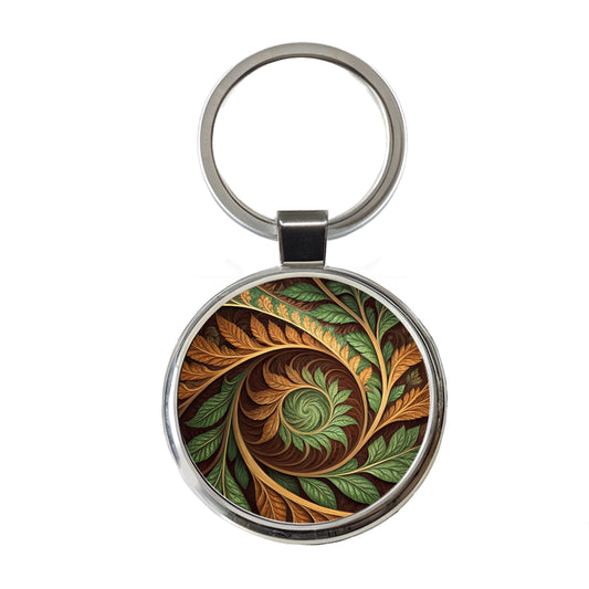 Abstract Brown Green Leaves Swirl Round Metal Keychain