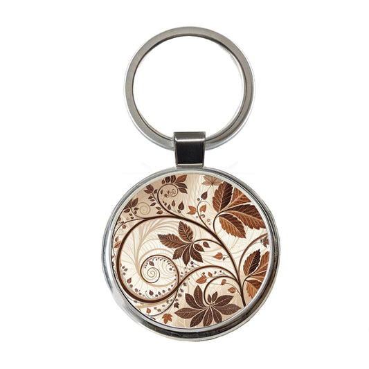 Abstract Brown Leaves Design Round Metal Keychain