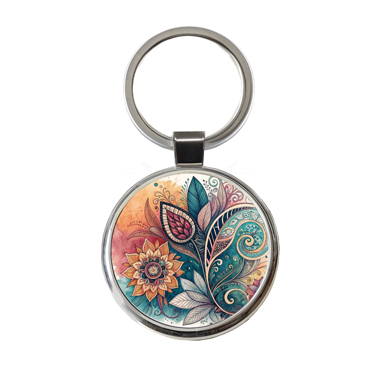 Abstract Deco Floral Leaves Swirl Design Round Metal Keychain