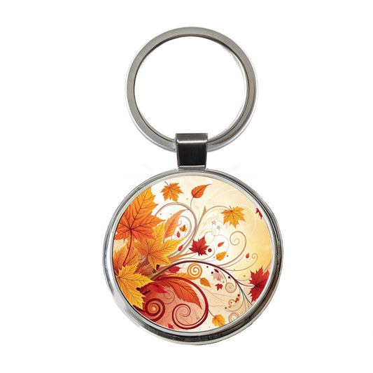 Abstract Fall Autumn Leaves Design Round Metal Keychain