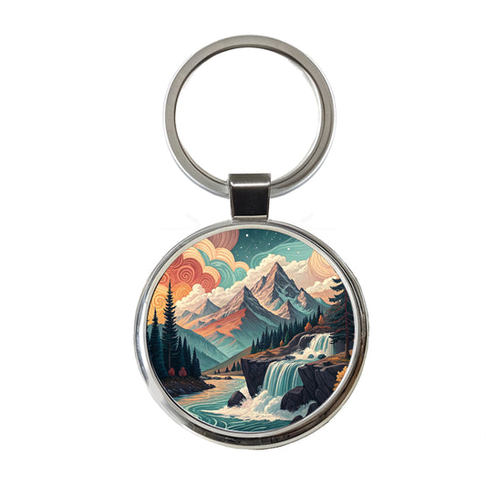 Abstract Mountains Waterfalls Landscape Round Metal Keychain