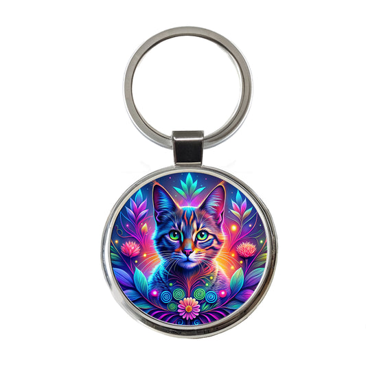 Abstract Neon Cat And Floral Design Round Metal Keychain