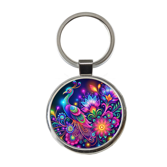 Abstract Neon Peacock Floral Design Round Metal Keychain