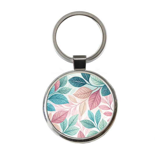 Abstract Pastel Floral Leaves Design Round Metal Keychain