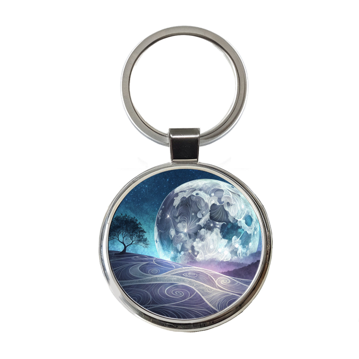 Abstract Purple Blue Moon Landscape Round Metal Keychain