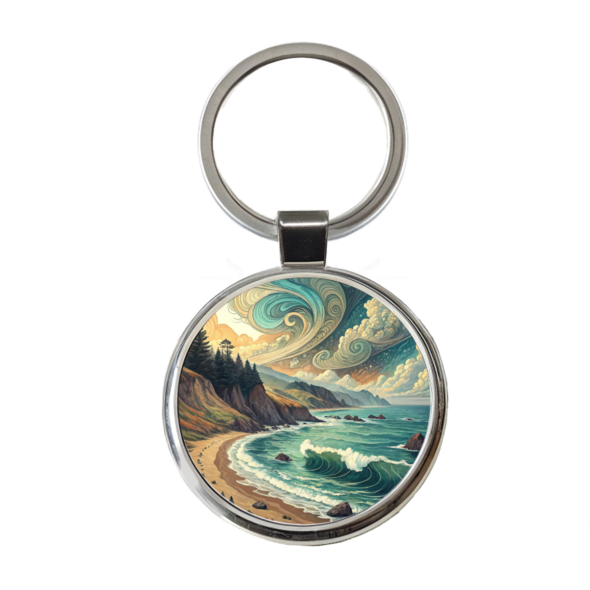 Abstract Shore Ocean Waves Landscape Round Metal Keychain