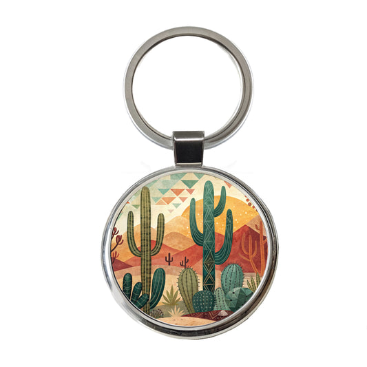 Abstract Southwestern Cactus Desert Design Round Metal Keychain