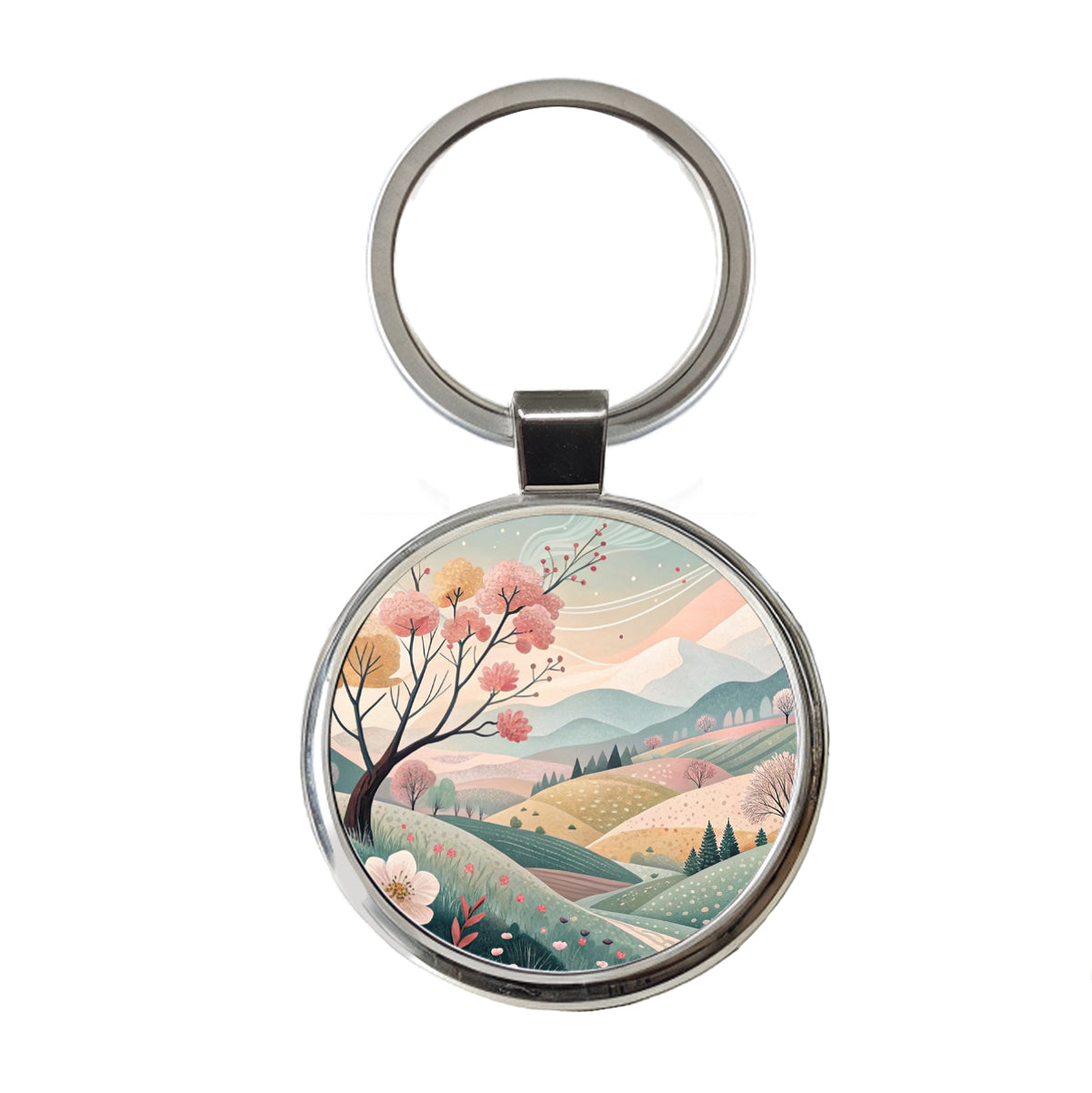 Abstract Spring Landscape Round Metal Keychain