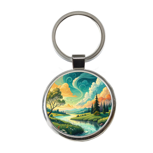 Abstract Summer Landscape Round Metal Keychain