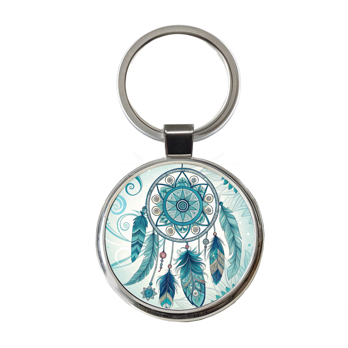 Abstract Teal Blue Dream Catcher Southwestern Design Round Metal Keychain