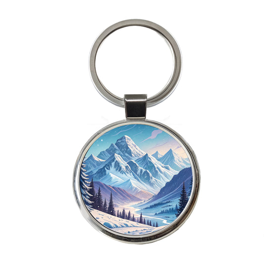 Abstract Winter Blue Purple Mountains Landscape Round Metal Keychain