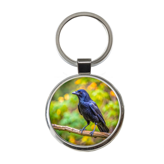 American Black Crow Backyard Bird Round Metal Keychain