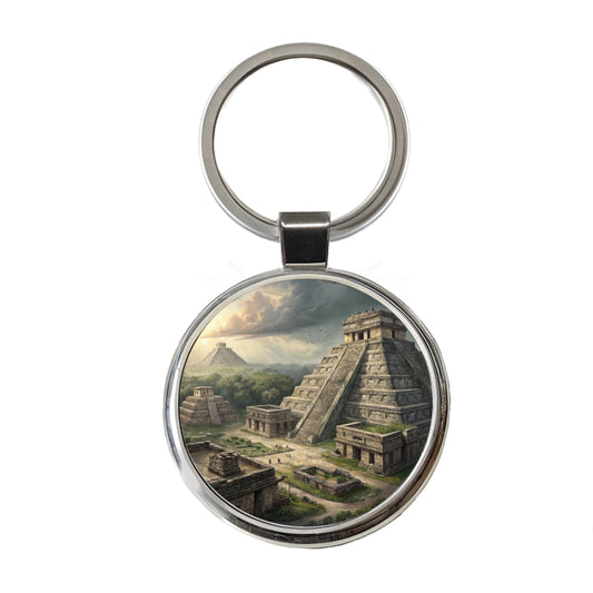 Ancient Maya Temples Step Pyramids Round Metal Keychain