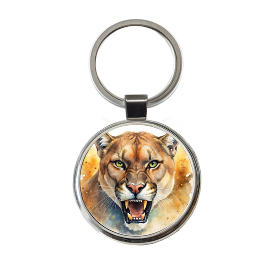Angry Mountain Lion Cougar Watercolor Round Metal Keychain