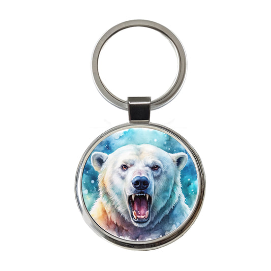 Angry Polar Bear Watercolor Round Metal Keychain