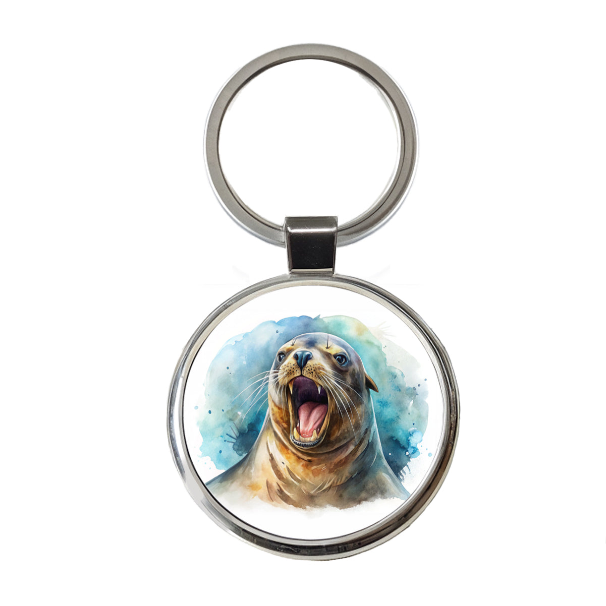 Angry Sea Lion Watercolor Round Metal Keychain