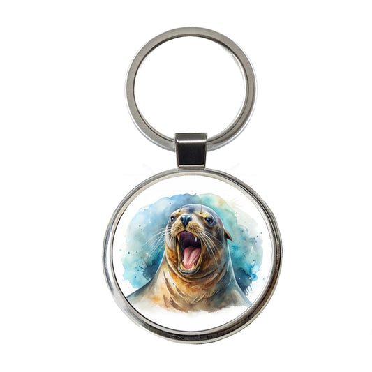 Angry Sea Lion Watercolor Round Metal Keychain