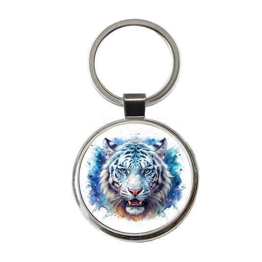 Angry White Tiger Watercolor Round Metal Keychain