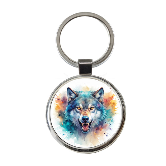 Angry Wolf Watercolor Round Metal Keychain