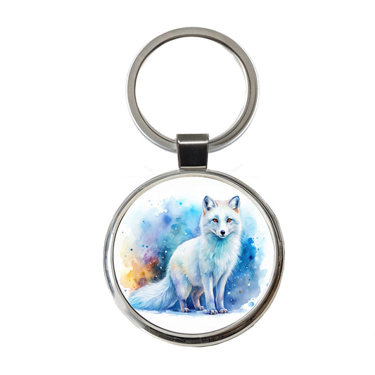Arctic Fox Watercolor Round Metal Keychain