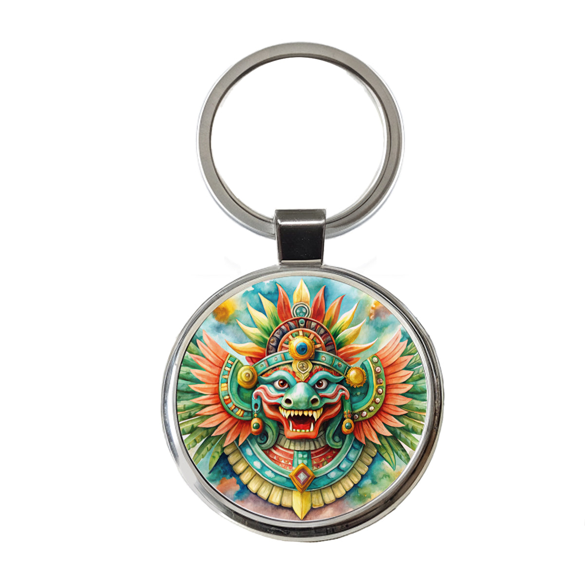 Aztec God Quetzalcoatl Watercolor Round Metal Keychain