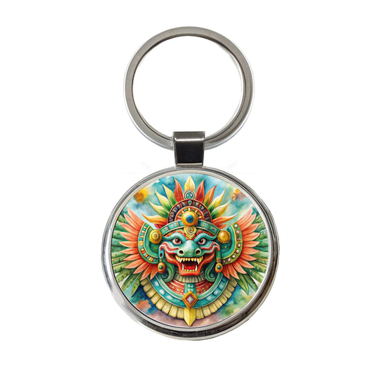 Aztec God Quetzalcoatl Watercolor Round Metal Keychain
