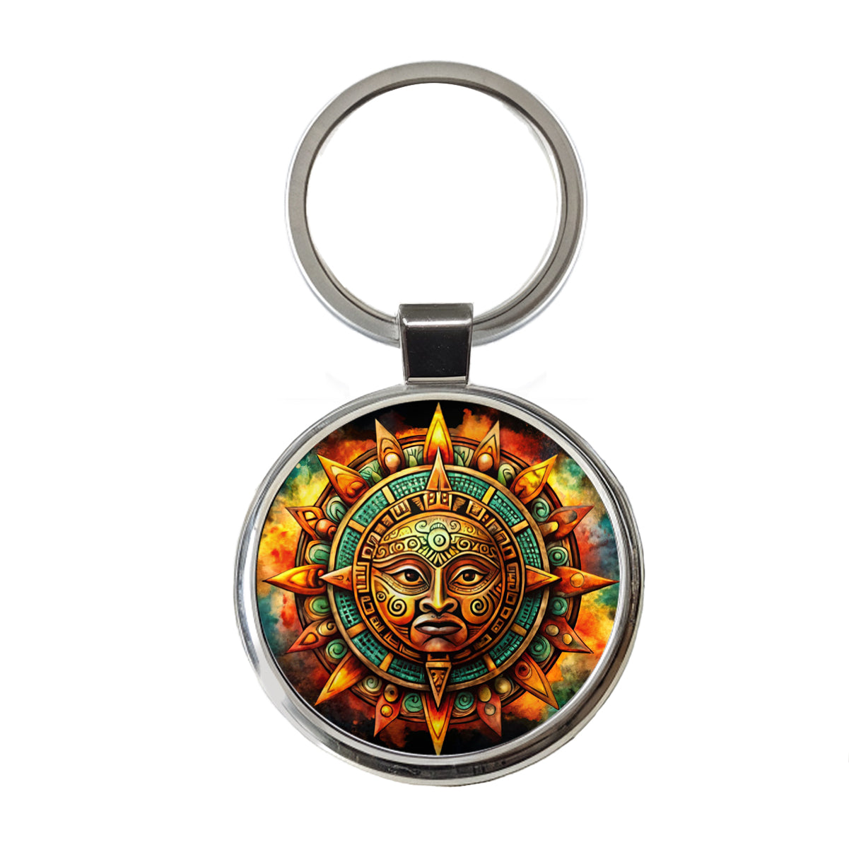 Aztec Sun God Symbol Watercolor Round Metal Keychain