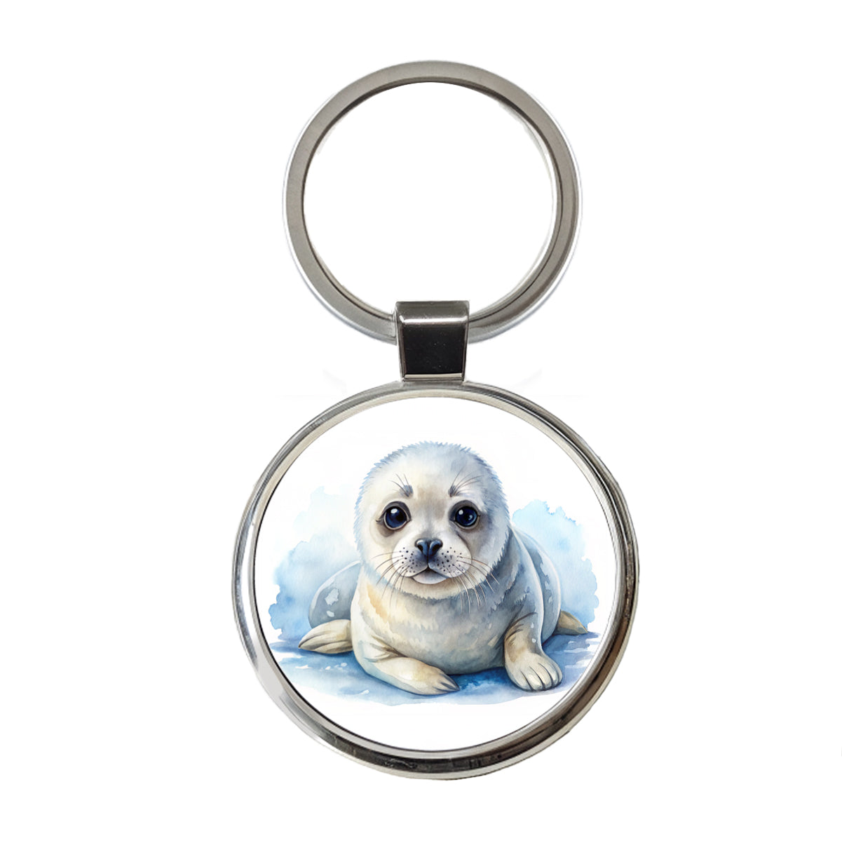 Baby Harp Seal Watercolor Round Metal Keychain